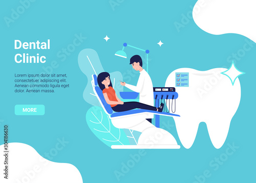 Dental clinic and health care flat vector concept. Doctor dentist and patient woman in chair. Illustration for web page, banner, poster, template, layout.