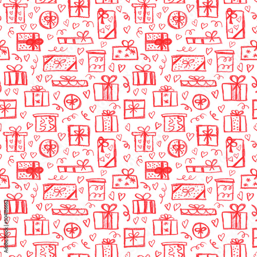 Many scatterred presents, gifts. Hand drawn seamless pattern. Red presents with hearts and doodles on white background. Colour pencils drawing in childish simple naive style..