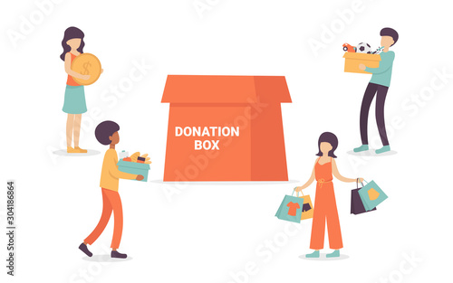 People characters volunteers bring goods for charity into huge donation box, food, clothes, money, toys. Flat vector cartoon illustration isolated white background.