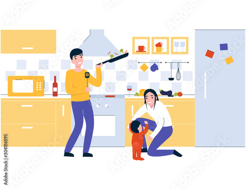 Happy family cooking healthy nutrition. Spend time with family, lifestyle, prepare tasty food on kitchen together. Flat vector modern cartoon illustration concept.
