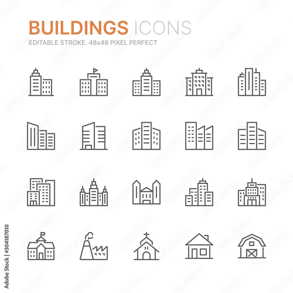 Collection of buildings related line icons. 48x48 Pixel Perfect. Editable stroke
