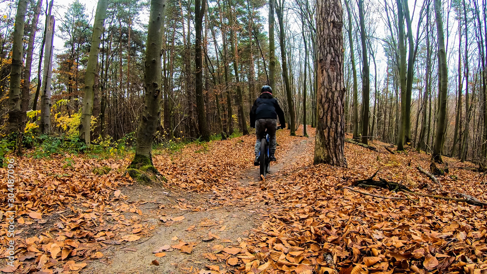 Amateur rider on the bicycle in the autumn park Amateur rider on the bicycle in the autumn park