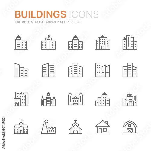 Collection of buildings related line icons. 48x48 Pixel Perfect. Editable stroke