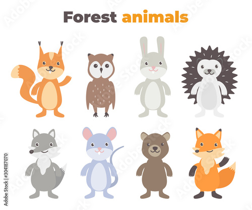 Fototapeta Naklejka Na Ścianę i Meble -  Cute forest animals set in flat style isolated on white background. Cartoon wild mouse, hedgehog, fox, hare, squirrel, owl, wolf, bear.