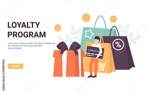 Loyalty program concept. Character man with a card in his hands. Bonuses, sales, gifts, online shopping. Flat vector cartoon illustration.