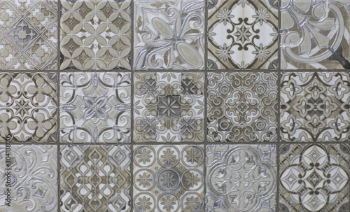 gray kitchen ceramic tile with abstract geometric mosaic pattern © serikbaib