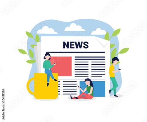 News update, online news, news website, newspaper. Flat style vector illustration. People characters with phones. Concept for banner, poster, layout, website, template. © Natty Blissful