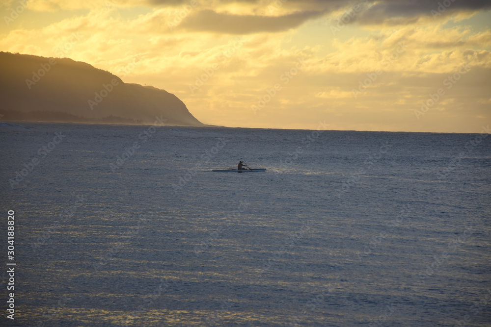 Lone Outrigger Canoe Paddler During Sunset, Off the Coast of Oahu, Hawaii