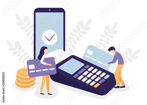 Payment terminal, credit cards, mobile phone and people characters. Pos machine illustration. Flat vector design concept.