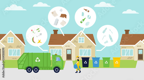 Fototapeta Naklejka Na Ścianę i Meble -  Rubbish truck collecting garbage, bins in the street. Separate waste organic, paper, glass, plastic. Recycling concept illustration.segregate waste, garbage car, street and houses