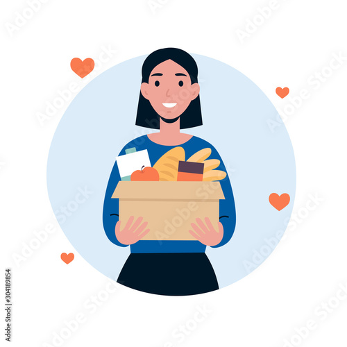 Woman character volunteer hold big box of foods. Food donation concept. Flat vector cartoon illustration isolated white background.