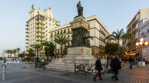Moret Monument and Fenix Building in San Juan de Dios Square by Night Time-Lapse Cadiz