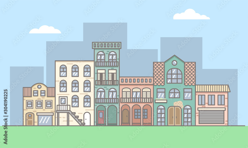 Flat design urban landscape illustration. Seamless cityscape background with classic houses. Street with old buildings