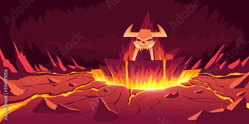 Hell landscape, cartoon vector illustration. Infernal stone cave with cracked hot rocks and volcanoes, flowing molten lava or liquid fire and horned skull, fiery game background