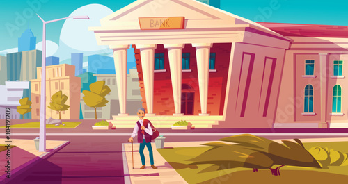 Pension fund, bank saving money cartoon vector concept. Happy senior man with savings, big bag with dollar sign walking along city street. Retirement care investment, pensioner insurance banner