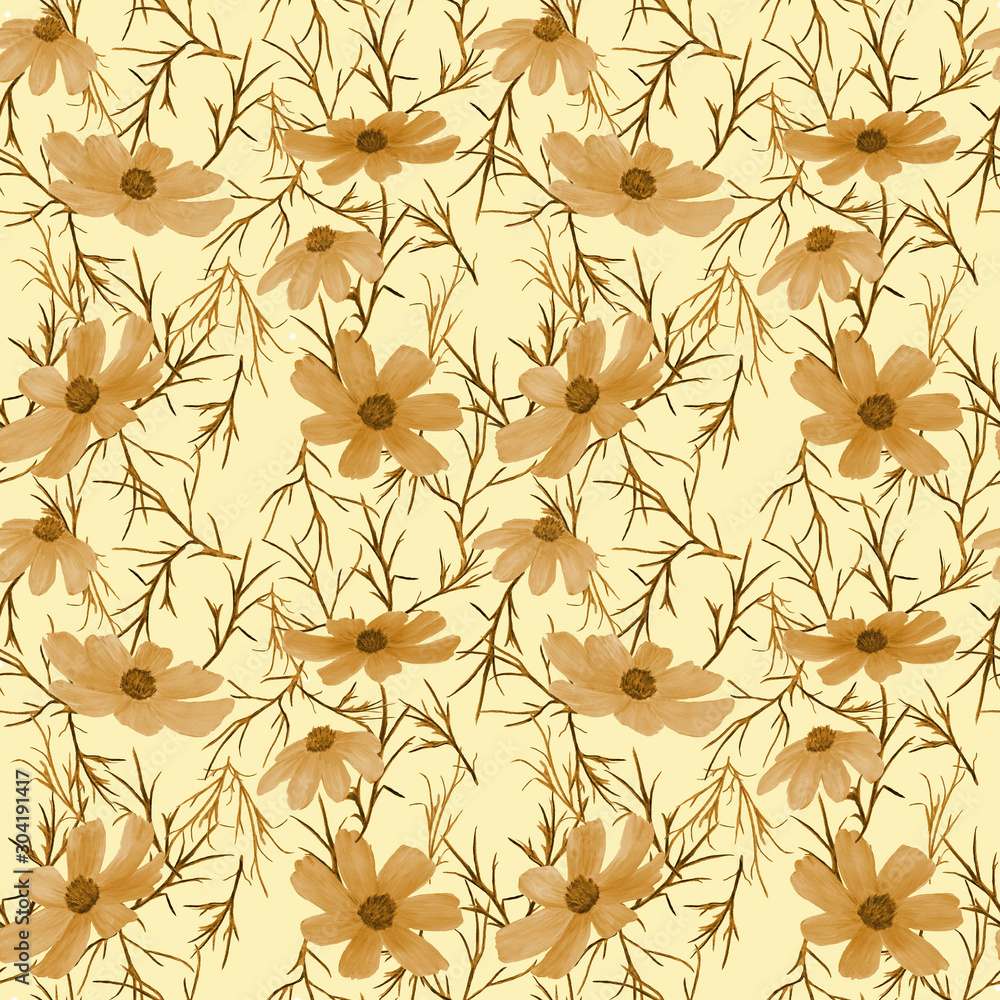 Seamless patern of summer flowers Cósmos. Watercolor hand drawn illustrations on a beige background. 