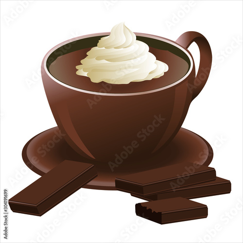 Illustration vectorielle d’un bol de chocolat chaud avec sa chantilly avec des chocolat noir à croquer.