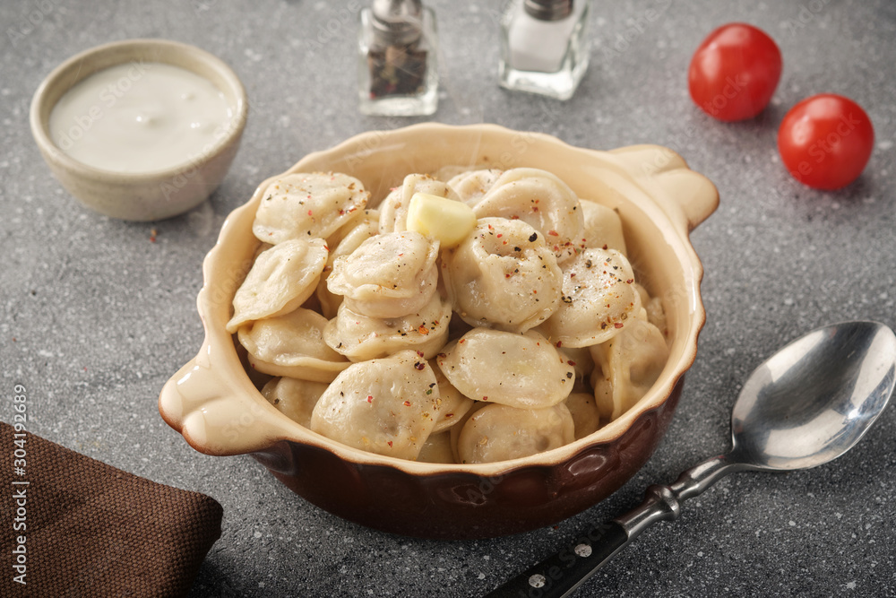 Homemade meat dumplings - russian pelmeni. Dumplings, filled with meat, ravioli. Dumplings with filling Homemade meat dumplings - russian pelmeni. Dumplings, filled with meat, ravioli. Dumplings with filling