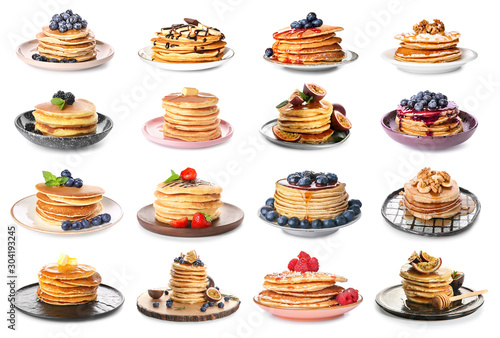 Set with tasty pancakes on white background photo