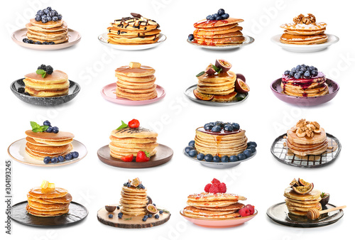 Set with tasty pancakes on white background