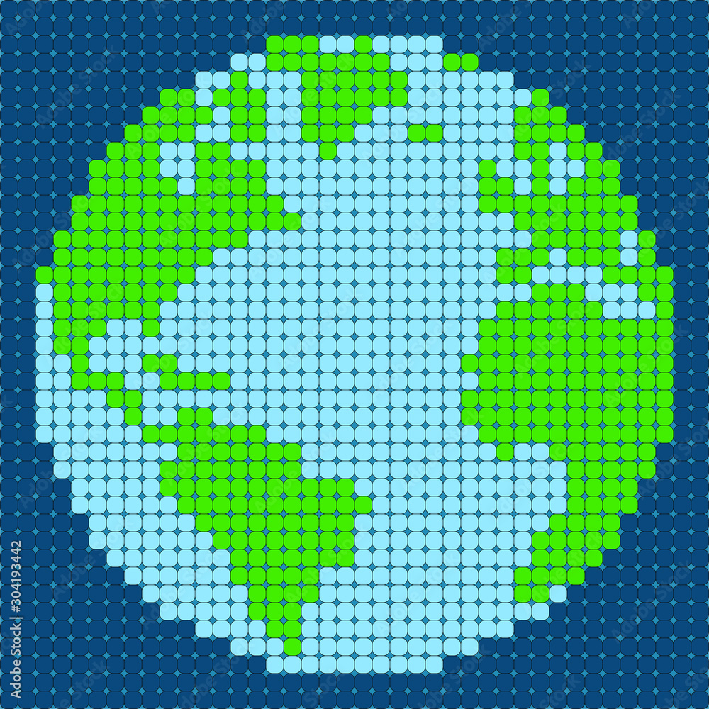 Vector illustration. Planet Earth. Pixel graphics. 8 bit. Low poly.