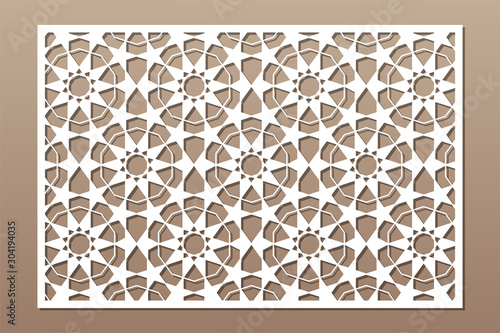 Decorative card for cutting. Arabic pattern geometric mosaic pattern. Laser cut. Ratio 3:2. Vector illustration.