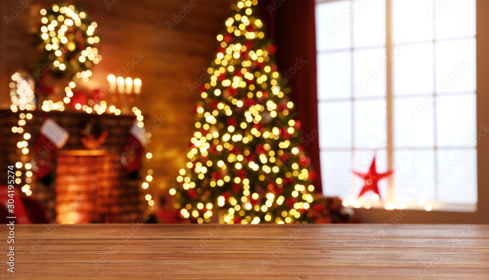 Fototapeta premium interior christmas. magic glowing tree, fireplace, gifts .