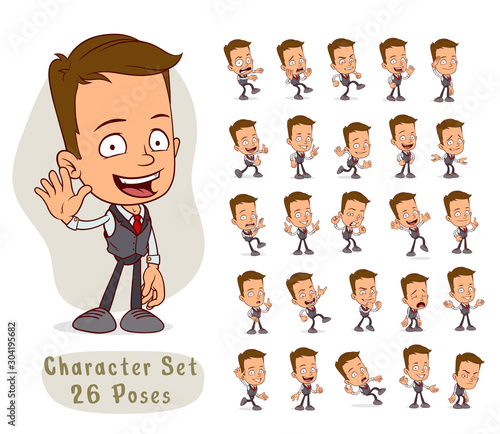 Cartoon funny office boy character with costume and red tie in different positions. Layered vector for animations. Isolated on white background. Big icon set.