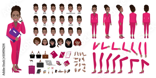 African American Businesswoman cartoon character creation set with various views, hairstyles, face emotions, lip sync and poses. Parts of body template for design work and animation.