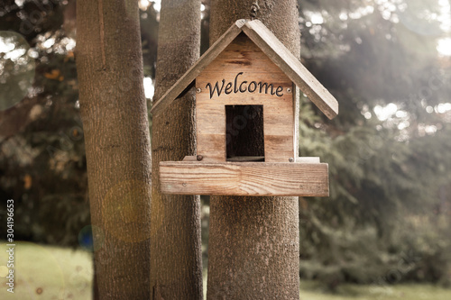 Birdhouse on tree at park  house for starlings. Wooden white nesting box. Welcome Concept