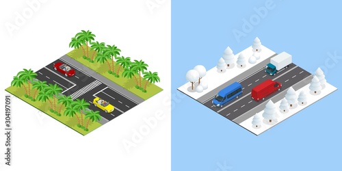 Isometric Roads with cars in summer, and road in winter. Winter Driving and road safety. The car rides on a slippery road. Cars on winter busy road.