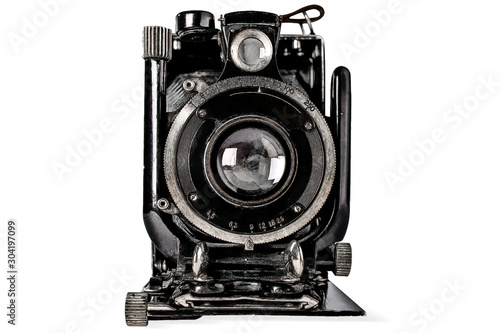 A drawing of an old black camera on white background, isolated.