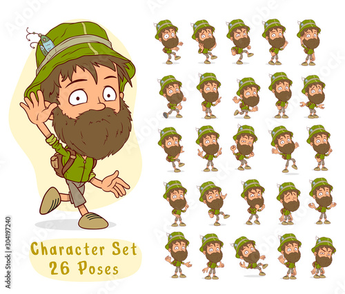 Cartoon funny fisher boy character with backpack and cap in different positions. Layered vector for animations. Isolated on white background. Big icon set.