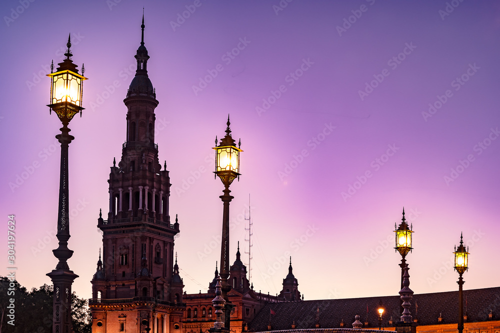 Spanish Square in Seville at night, Spain.