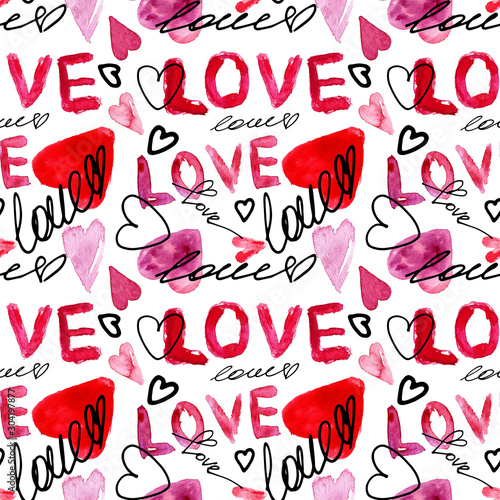 valentines day repeat pattern background with watercolor and ink letters and hearts on white