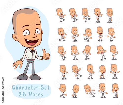 Cartoon funny waiter boy character with bow tie in different positions. Layered vector for animations. Isolated on white background. Big icon set.