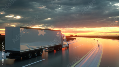 Semi trailer on asphalt road highway at sunset - transportation background. 3d rendering photo