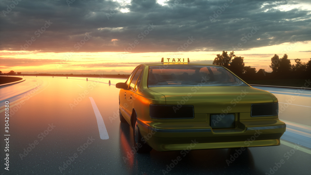 Yellow taxi rides on the highway. 3D illustration