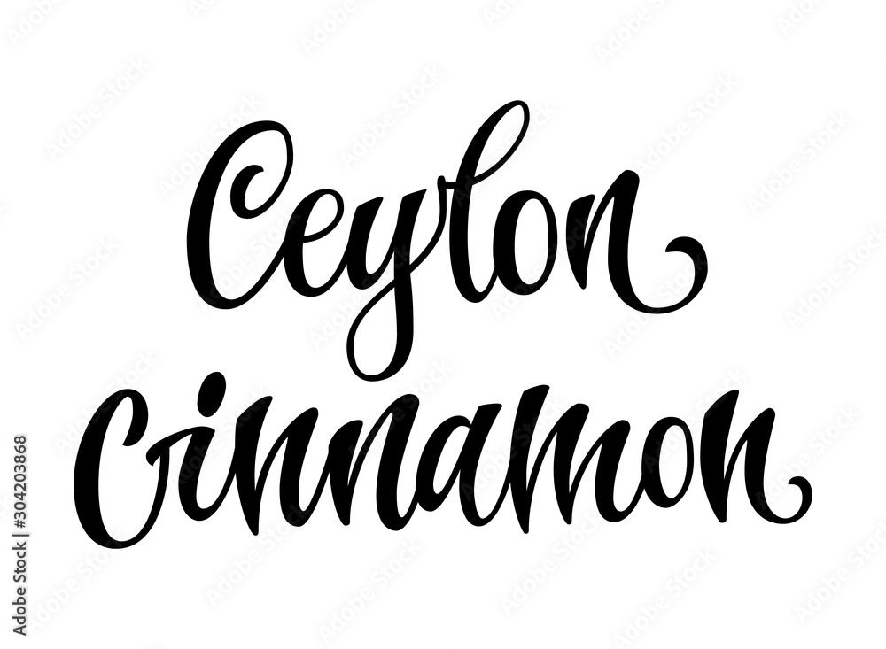 Vector hand drawn calligraphy style lettering word - Ceylon cinnamon. Labels, shop design, cafe decore etc Isolated script spice text logo.