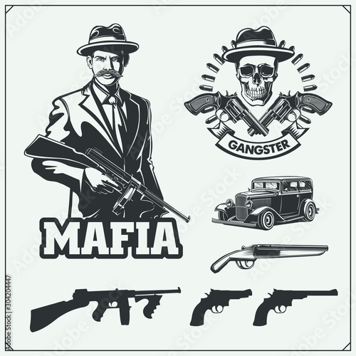 Set of gangsters and mafia emblems, labels and design elements. Street wars elements, guns, vintage cars and skulls.