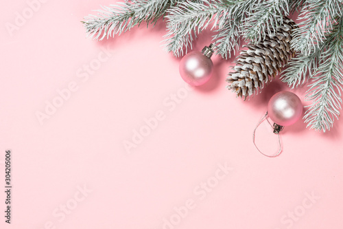 Christmas pink flat lay background.