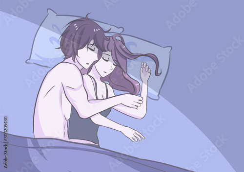 sweet couple cuddling sleeping in bed at night in side view relax position romantic warm touching felling vector illustration in anime cartoon style