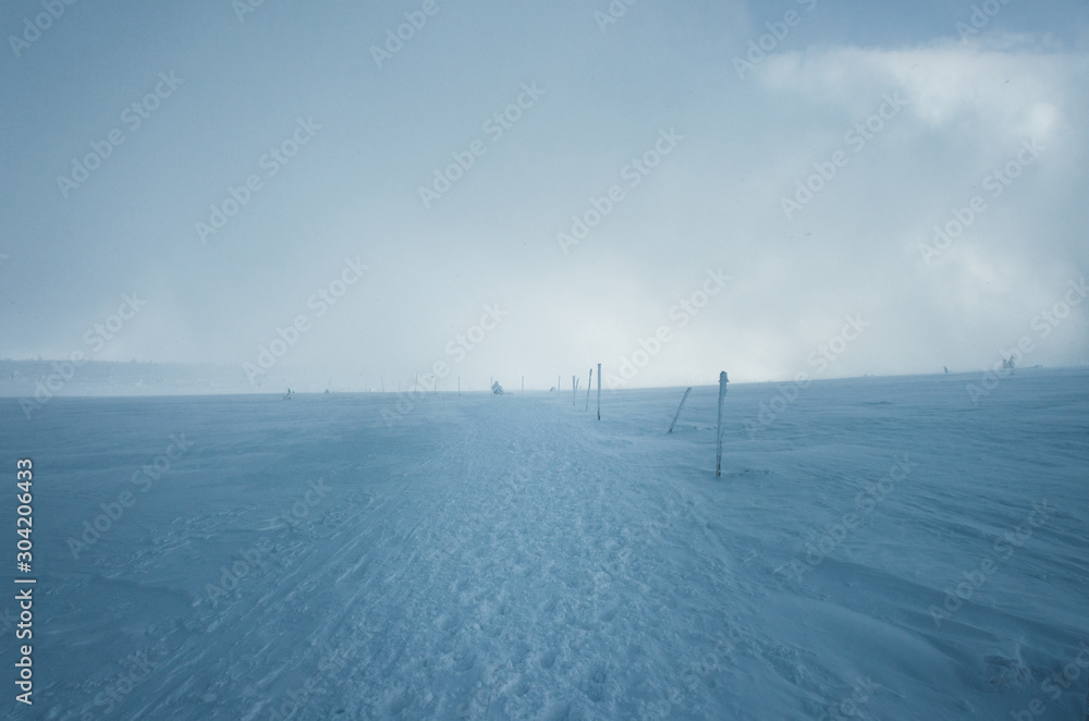 Snowstorm at the path in the mountains