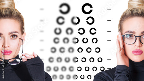 фотографія Woman takes off glasses and eye chart become blurred and then clear