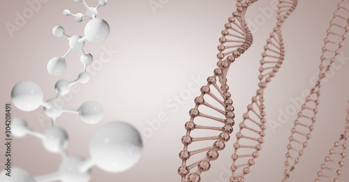 Structure of white molecules and DNA stems over beige background.