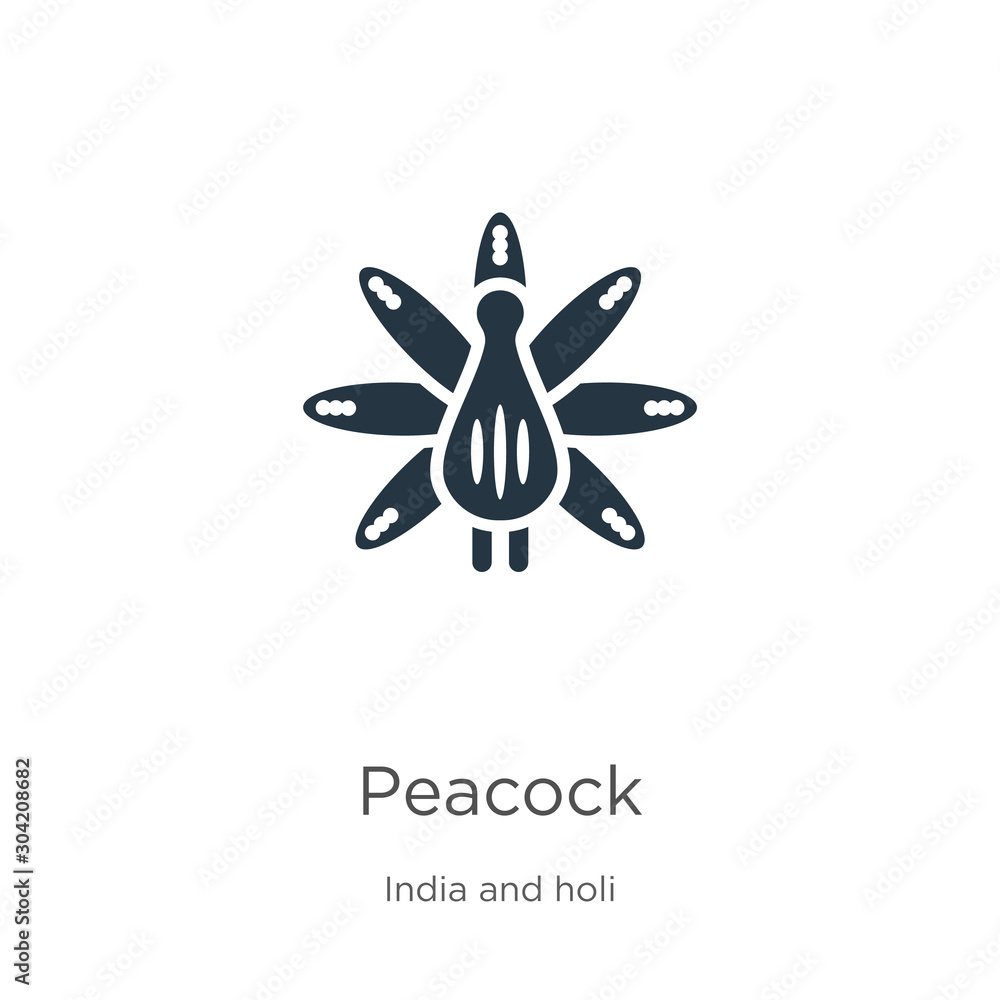 Peacock icon vector. Trendy flat peacock icon from india and holi collection isolated on white background. Vector illustration can be used for web and mobile graphic design, logo, eps10 Peacock icon vector. Trendy flat peacock icon from india and holi collection isolated on white background. Vector illustration can be used for web and mobile graphic design, logo, eps10
