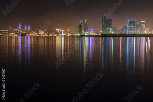 Panorama of the seaside boulevard in Baku at night