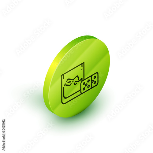 Isometric line Game dice and glass of whiskey with ice cubes icon isolated on white background. Casino gambling. Green circle button. Vector Illustration