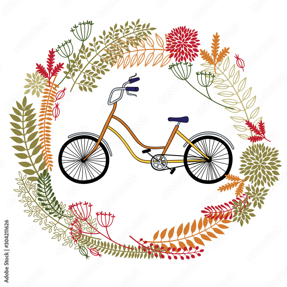 Fototapeta premium Card with a wreath from flowers and the bicycle.
