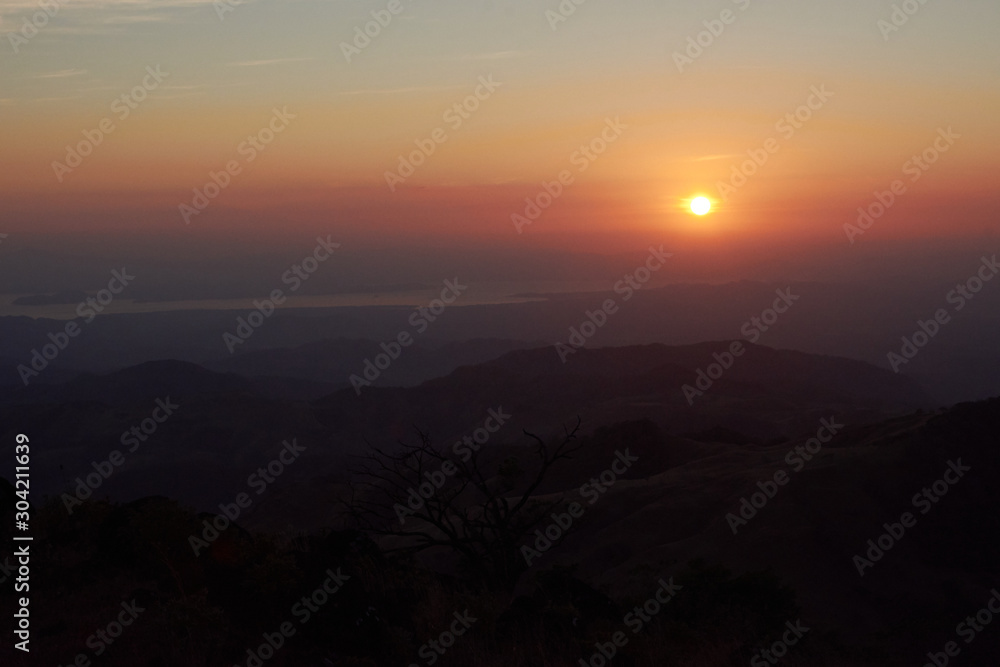 Sunset over the Guanacaste Peninsula, the Gulf of Nicoya and the Colorado Gulf from Monteverde. Costa Rica